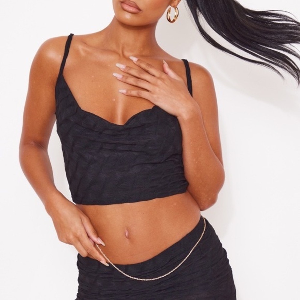 Nwt PrettyLittleThing petite black textured cowl neck straps crop top